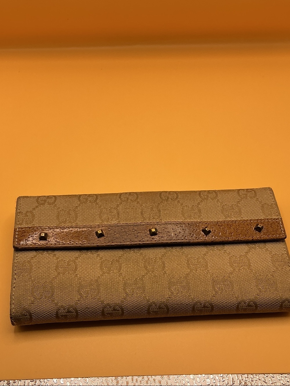 Gucci Tan Monogram Continental Wallet with Stud Trim